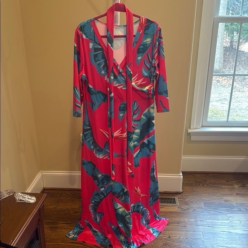 Vibrant Red and Blue Tropical Maxi Dress